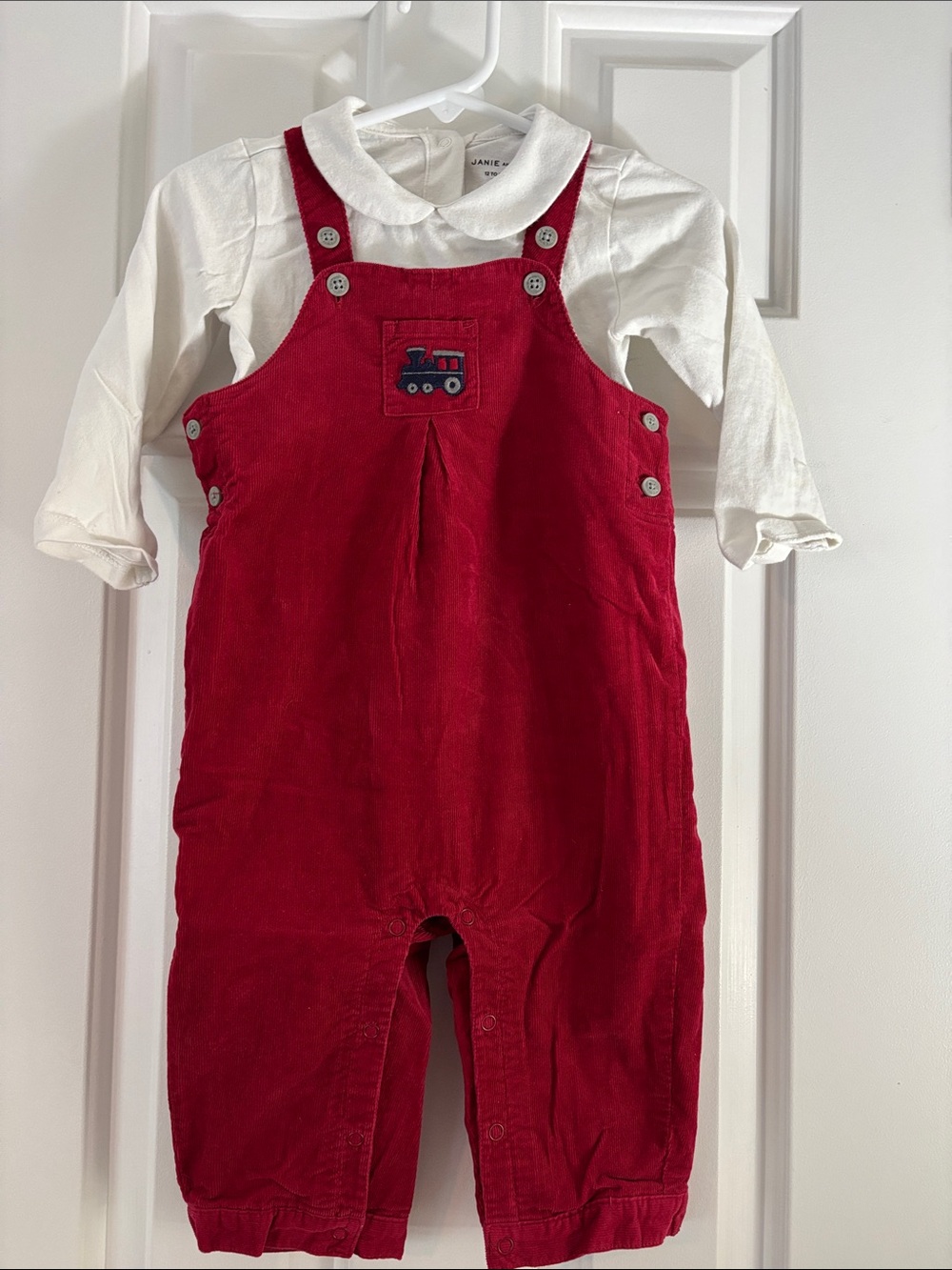 Janie and Jack Red Corduroy Overalls with White Collar Top